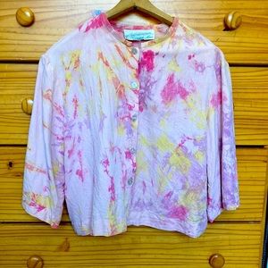 Vintage 3/4 Sleeve Pastel Pink Button Down Yellow Tie Dye Medium